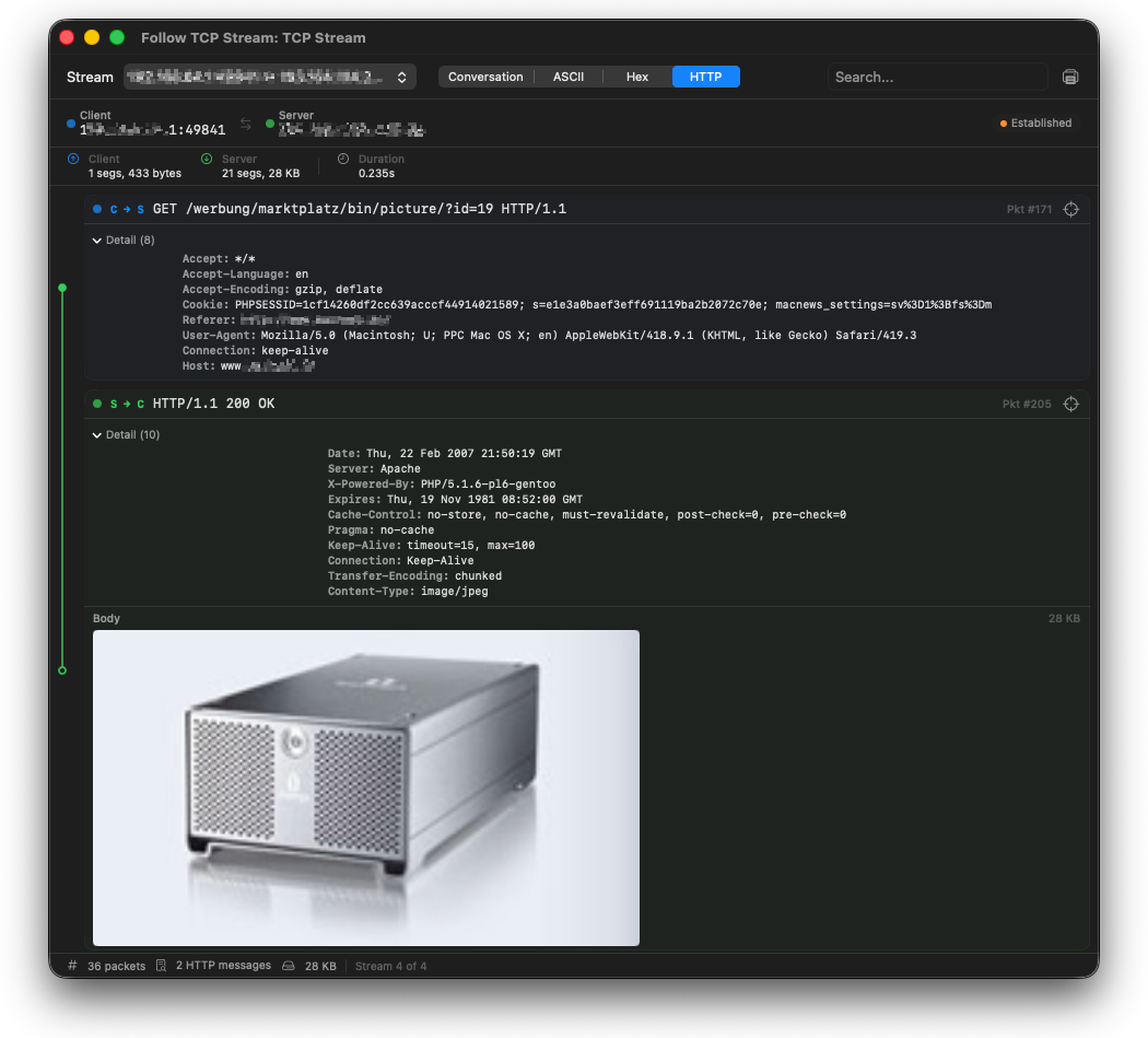 Follow TCP Stream window in HTTP mode with a reconstructed image body