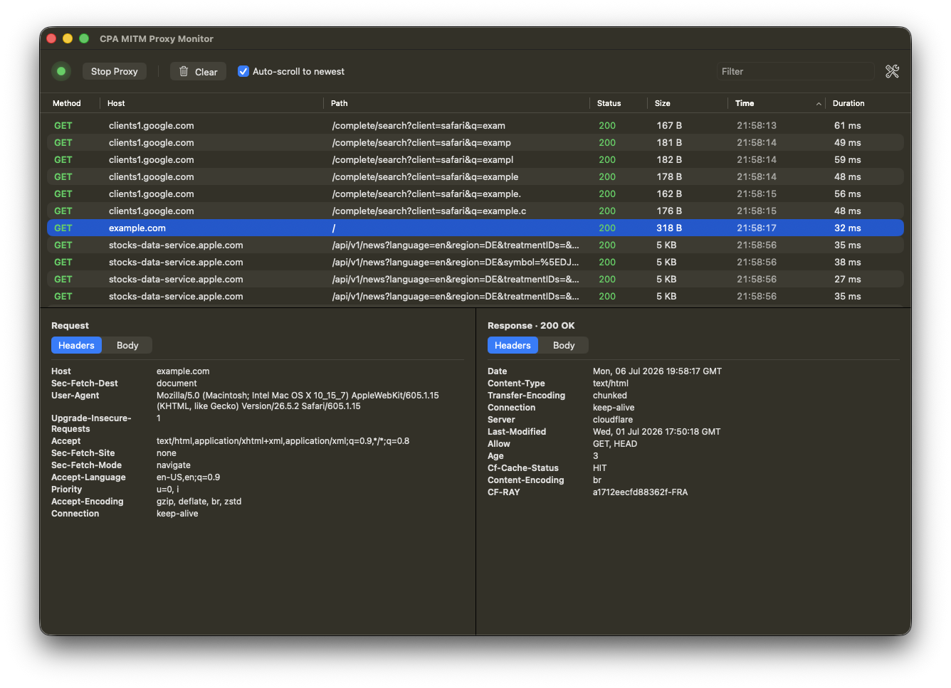CPA MITM Proxy flow inspector listing live HTTPS transactions with request and response detail