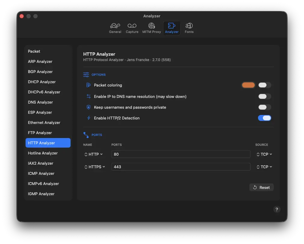 Analyzer settings pane with inline options, ports, and a colour well