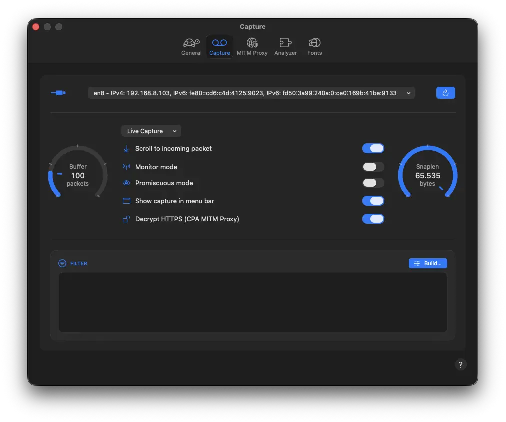 Capture settings with buffer and snaplen dials, mode switches, and a BPF filter field