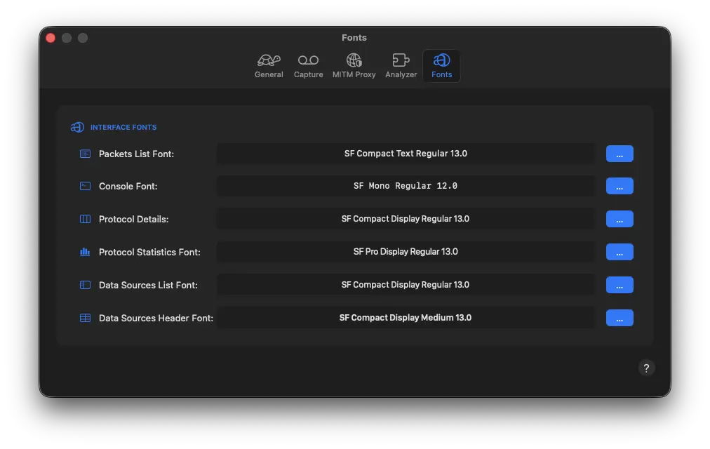 Font settings listing the six interface surfaces and their typefaces