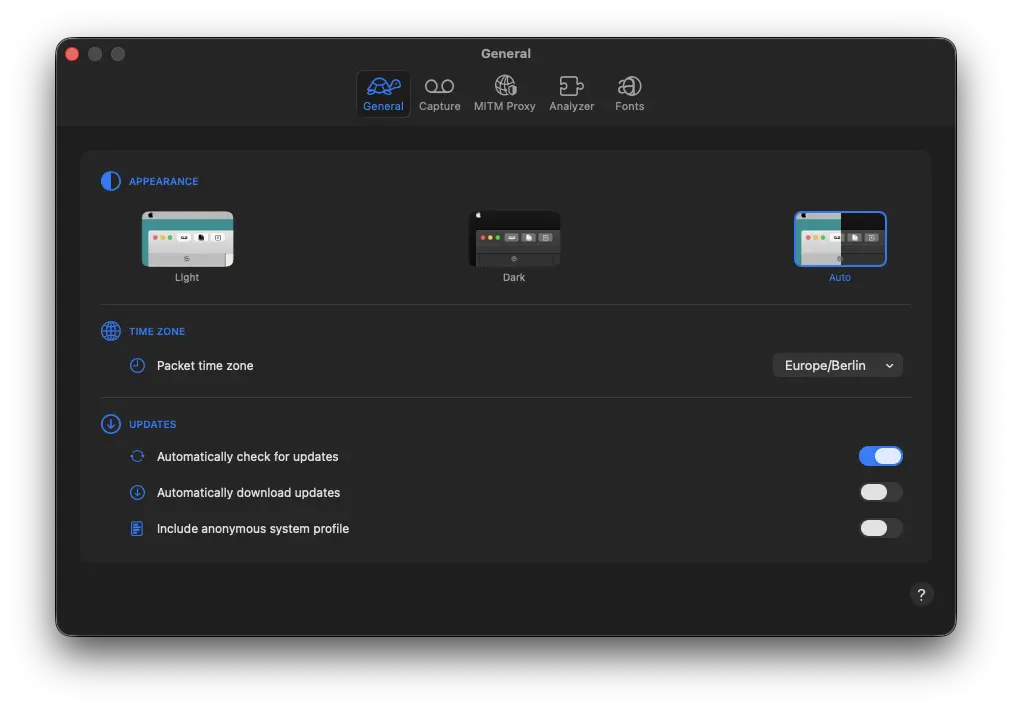 General settings with Light, Dark and Auto appearance tiles, time zone, and update options
