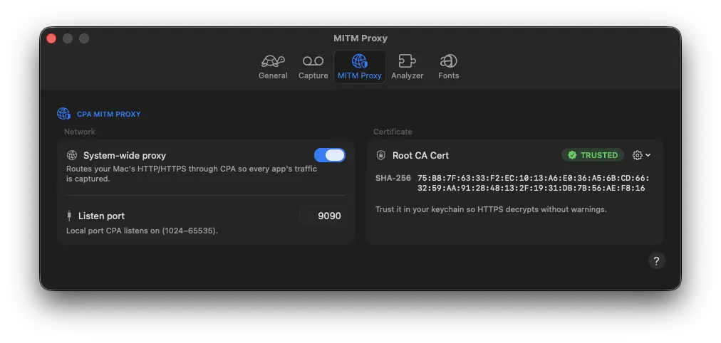 MITM Proxy settings showing the system-wide proxy switch, listen port, and root CA trust status