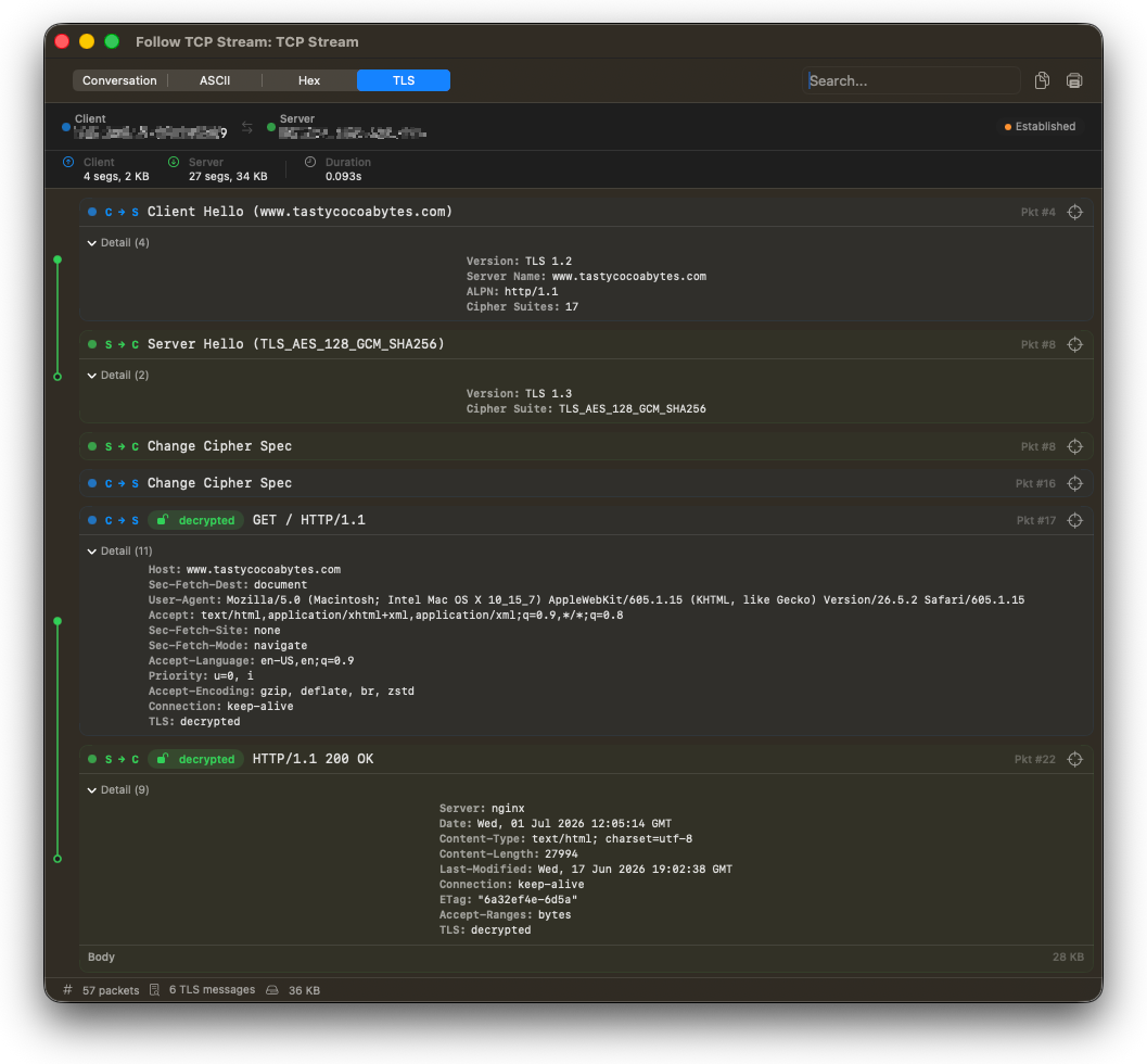 Follow TCP Stream showing a decrypted TLS 1.3 conversation with HTTP request/reply pairing