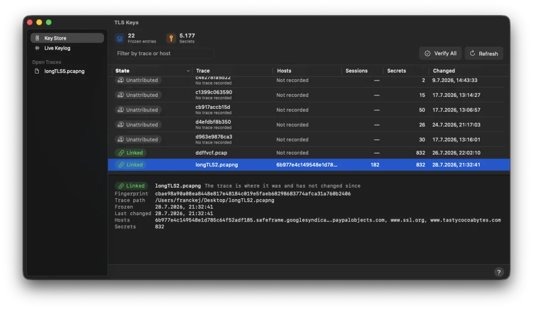 TLS Key Store listing frozen key sets with their link state, fingerprint, and secret counts