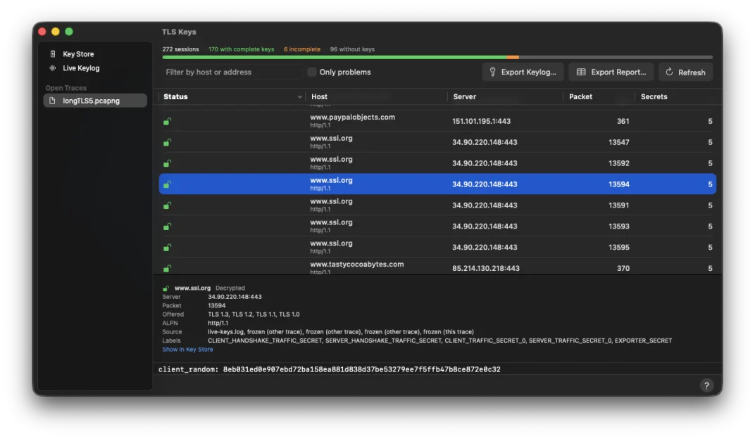 TLS Keys window listing sessions and their key status